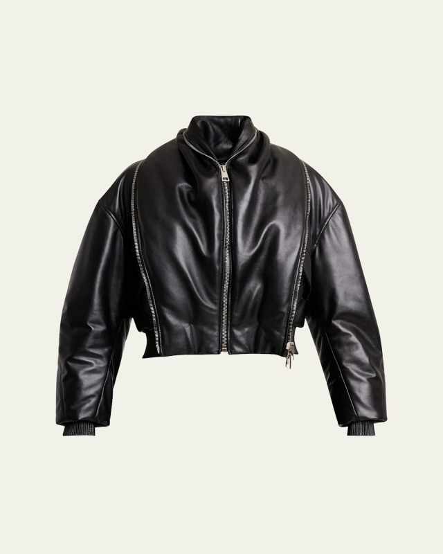 Double Shawl-Collar Leather Crop Bomber Jacket